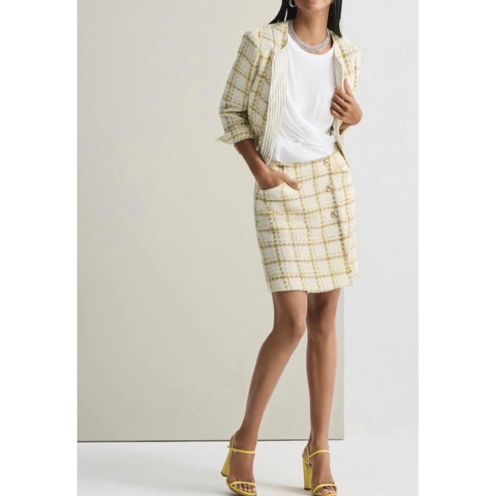NWT Cabi Yellow Plaid Tweed Coco Skirt Size 8